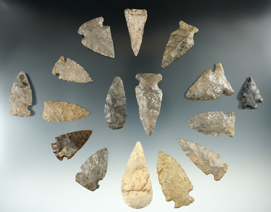 Set of 16 assorted points found near Salamanca Creek, Cattaraugus Co., New York.