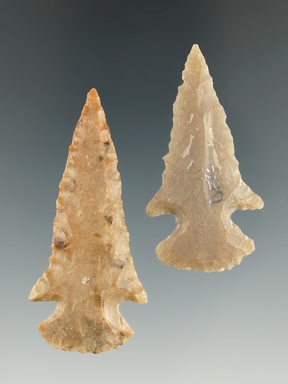 Pair of Archaic Cornernotch points found in Arkansas, both around 2 1/8". Ex. Bob Bell collection.
