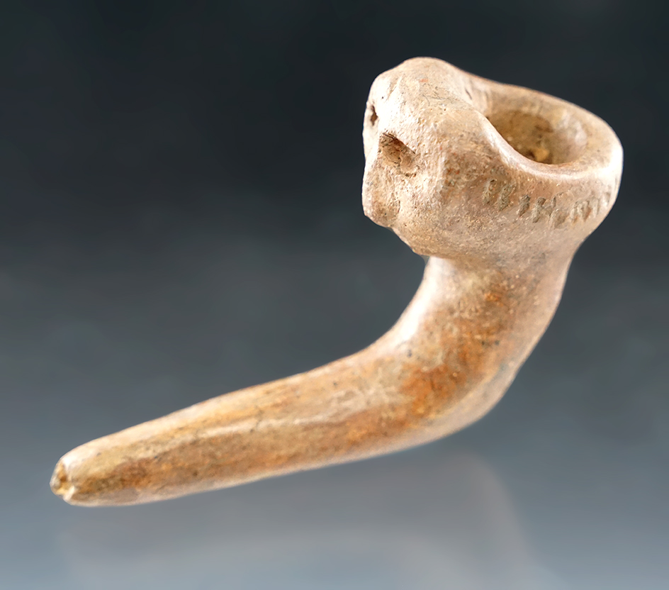 3 1/8" Iroquois Clay Human Effigy Maskette Pipe - restoration to bowl and elbow area.  New York.
