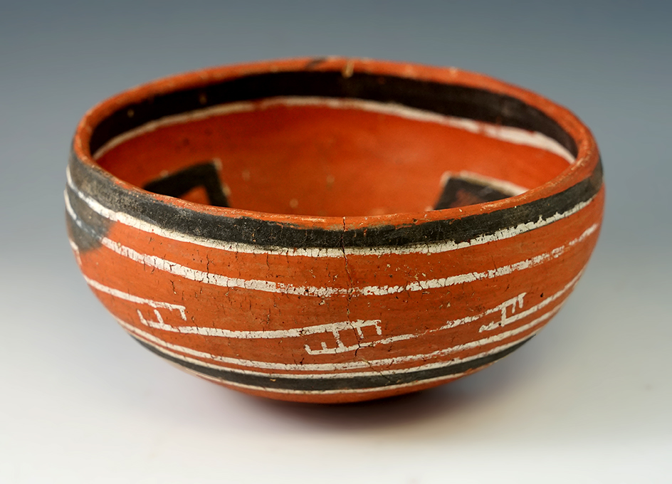 6 3/8" Wide Polychrome Bowl found near St. Johns, Arizona. A couple pieces reglued.