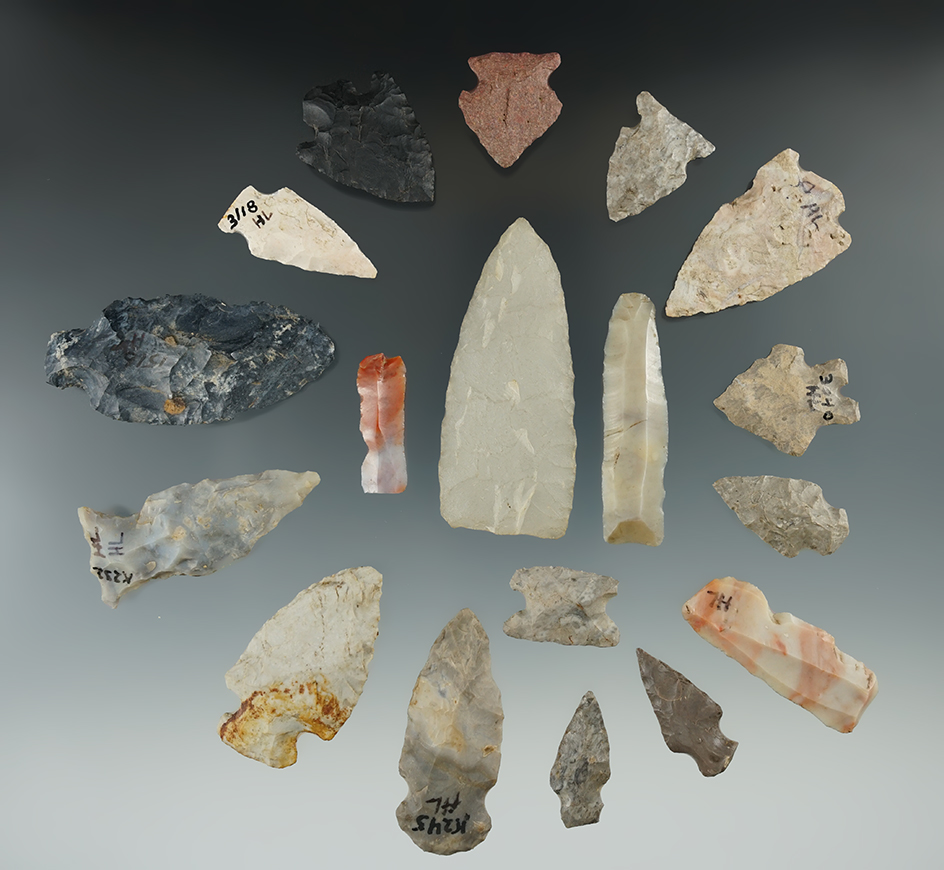 Group of 18 assorted points found in New York, largest is 2 3/8". Ex. Howdy Lang.