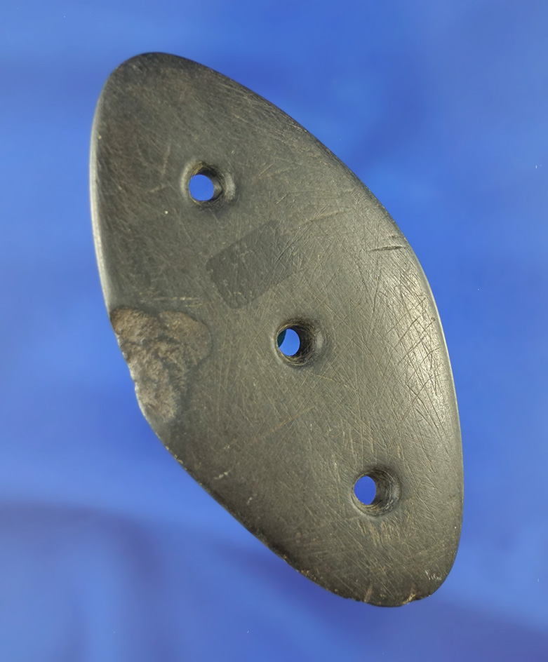 Rare style! 3 3/8" three hole Elliptical Gorget found near Sydney Ohio.