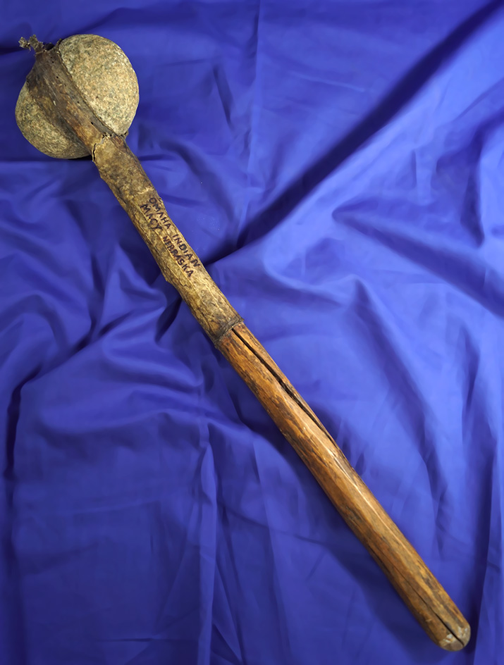 Original! Very rare - 22" long Stone War Club with leather wrapped, sinew sewn carved handle