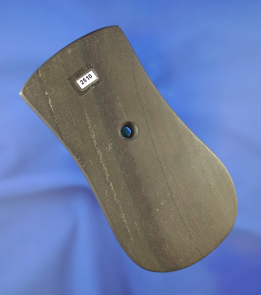 4 1/2" very well styled shield Pendant made from nicely banded slate - Hancock Co.,  Illinois. -