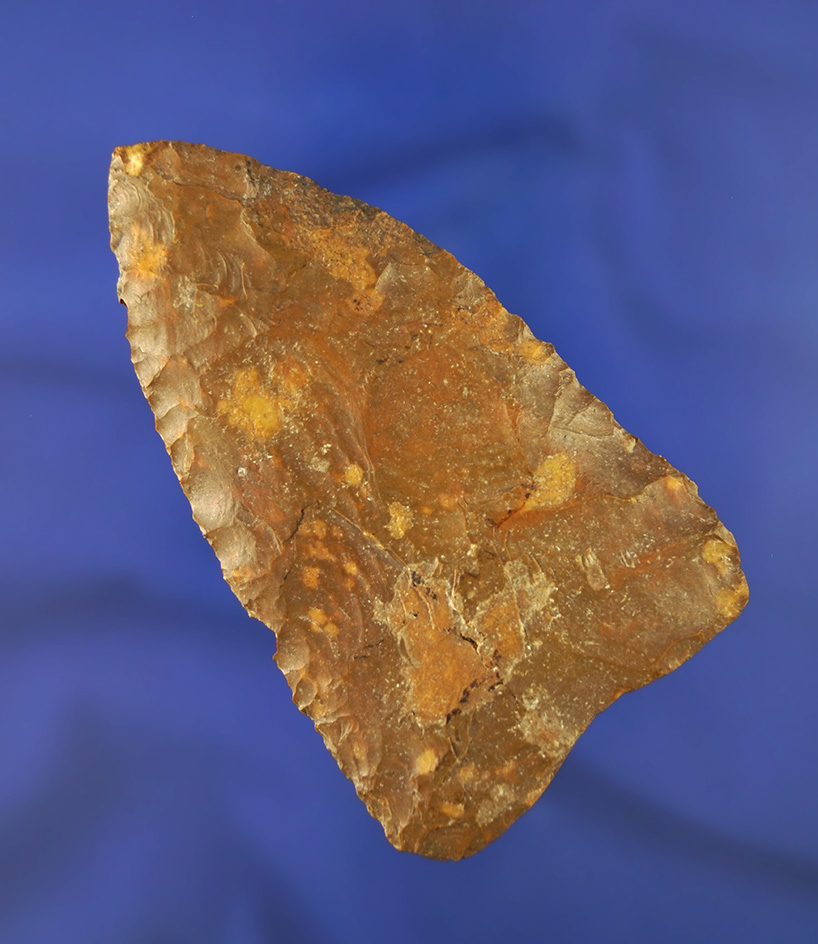 Heavily patinated 3 5/8" Flint Blade with a nicely ground base found in Jackson Co.,  Indiana.