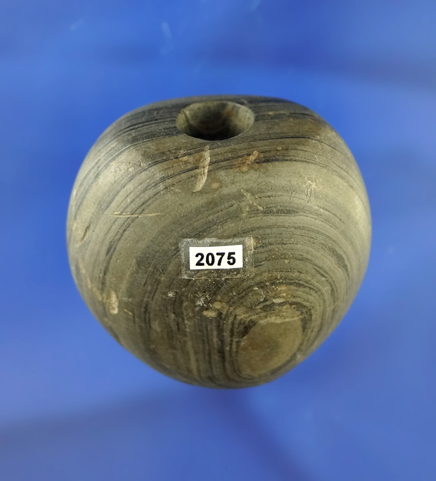 1 3/4" long flattened Ball Bannerstone that is nicely fluted - banded glacial slate found in Indiana