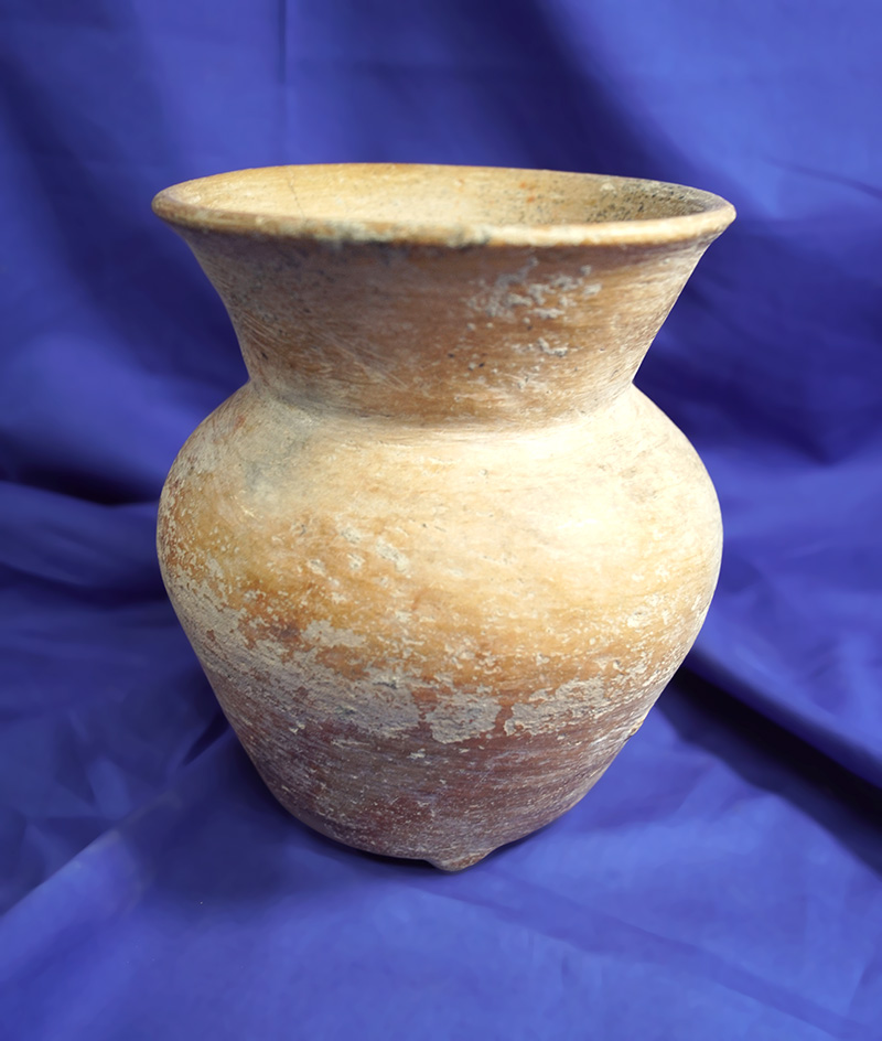 6 3/4" tall flared-top tripod base pre-Columbian pottery vessel from Mexico.