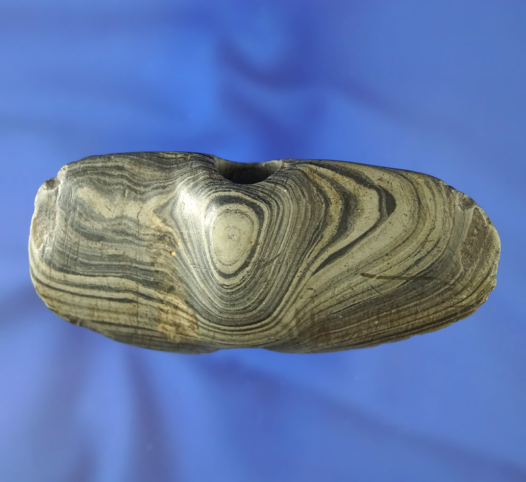 3 1/2" beautifully patinated highly banded glacial slate Wing Bannerstone found in Piqua Ohio.