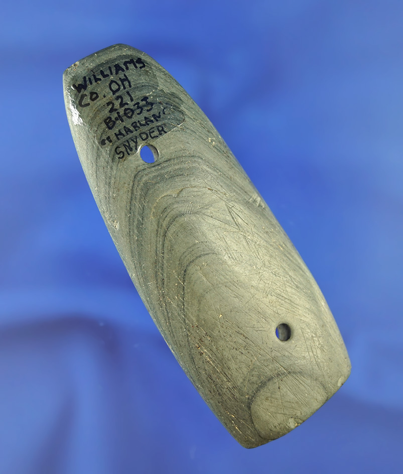 3 1/2" banded slate Gorget that was anciently salvaged from a much larger piece - Ohio.