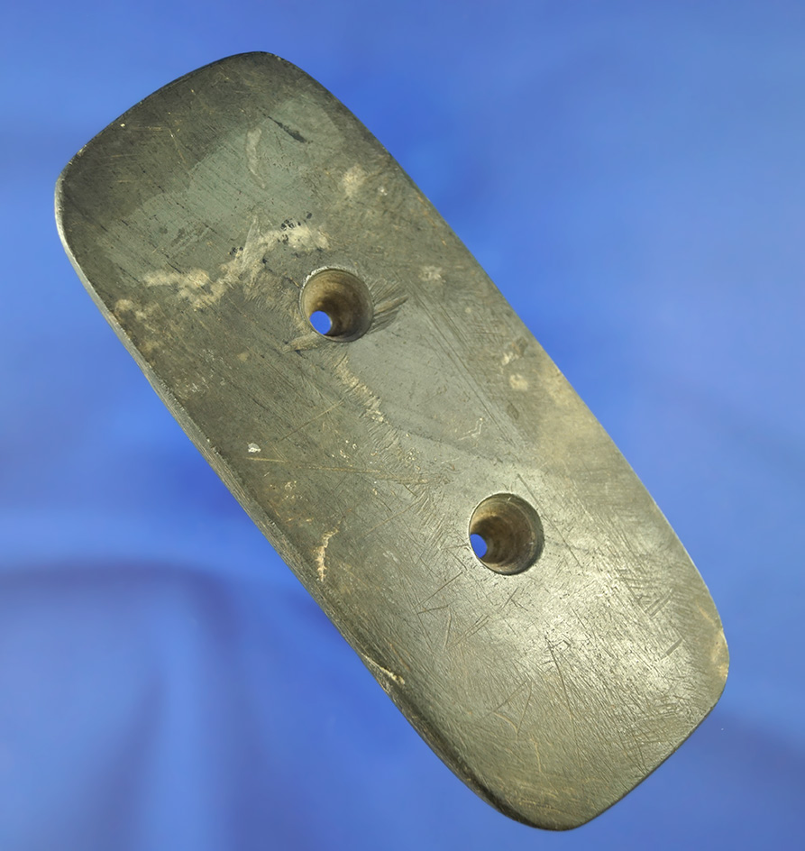 4 9/16" Rectangular Gorget with engravings on surface found in Allen Co.,  Indiana. Ex.  Parks.