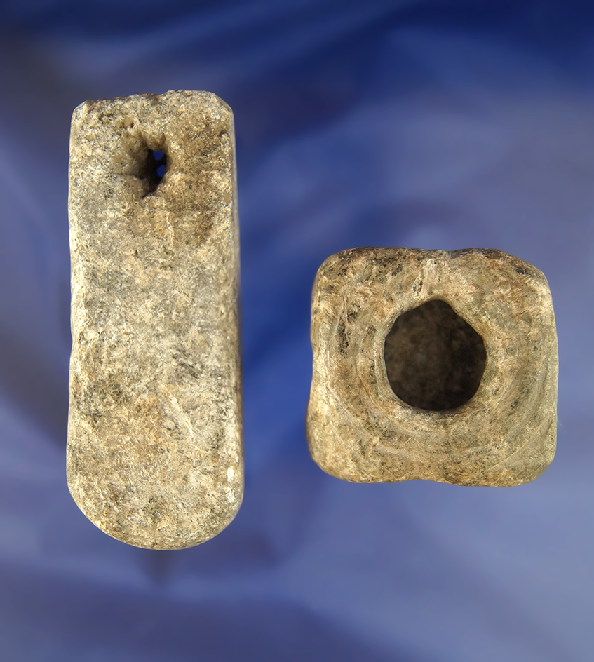 Unique steatite square pipe and pipe preform found in New York. Largest is 3 1/2".