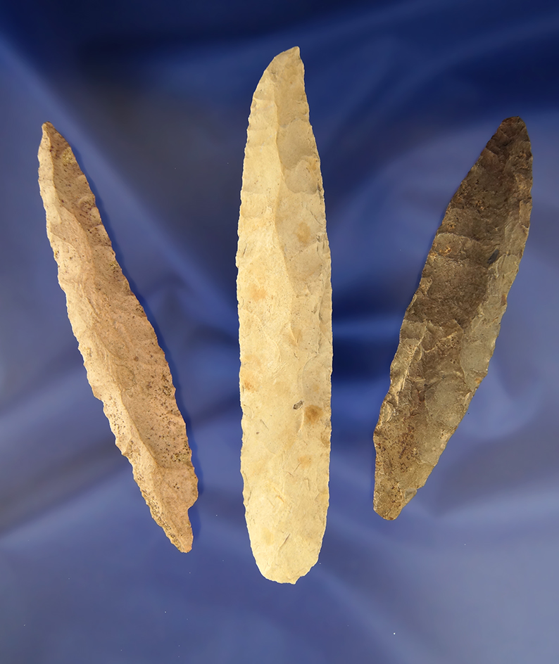 Set of 3 Bi-pointed Flint Knives found in Indiana, largest is 5 1/4".