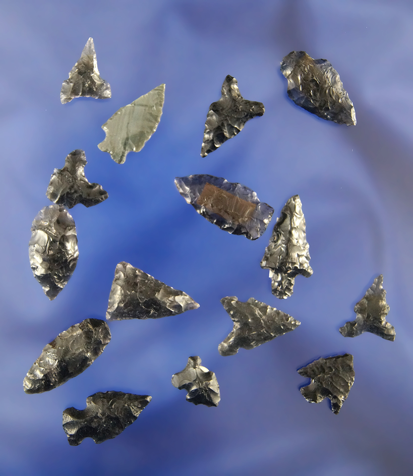Set of 15 assorted Arrowheads found by R. D. Mudge in Nevada. Largest is 1".