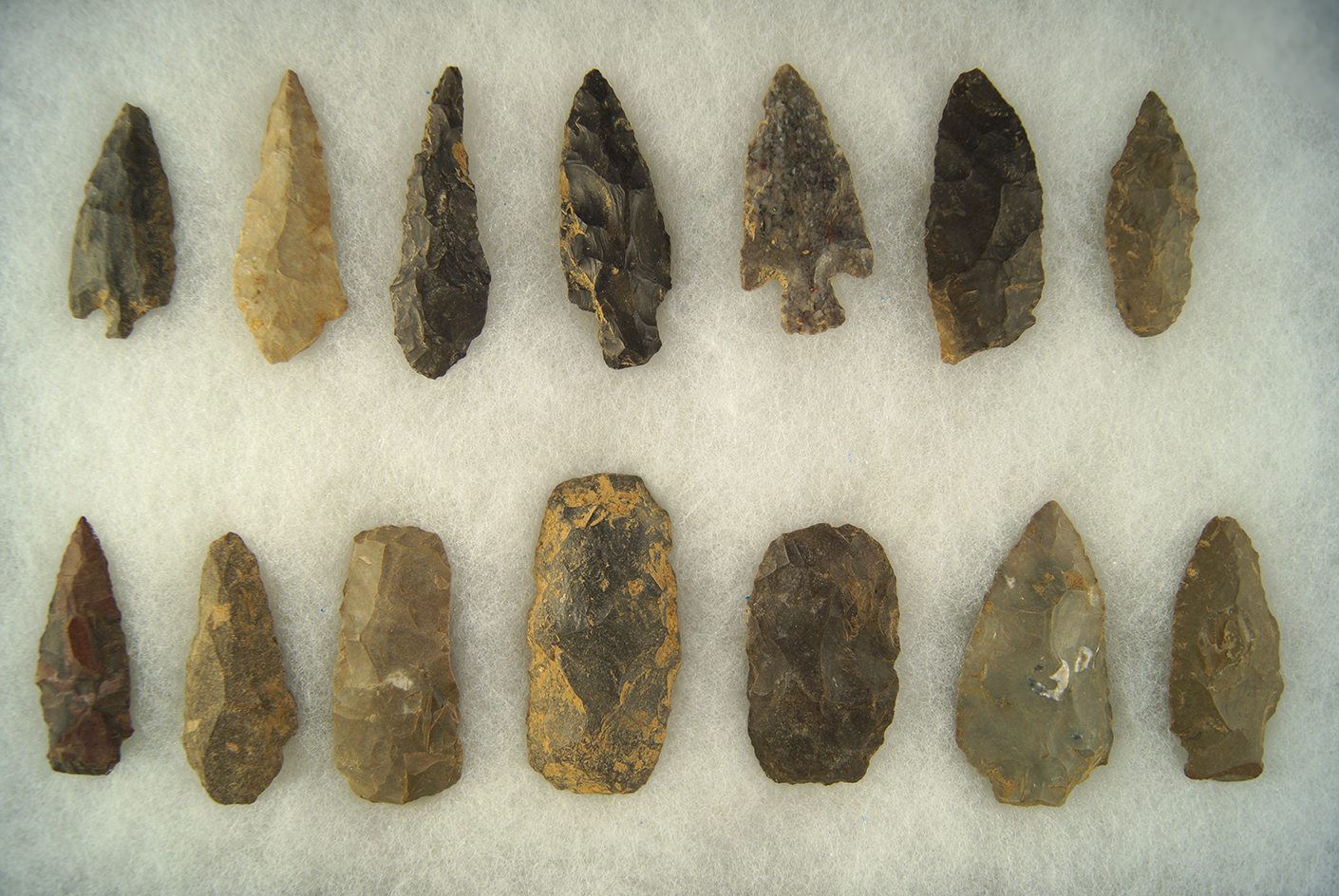 Set of 14 assorted Arrowheads and Knives, largest is 2 1/2". Found near Creelsboro, Kentucky.