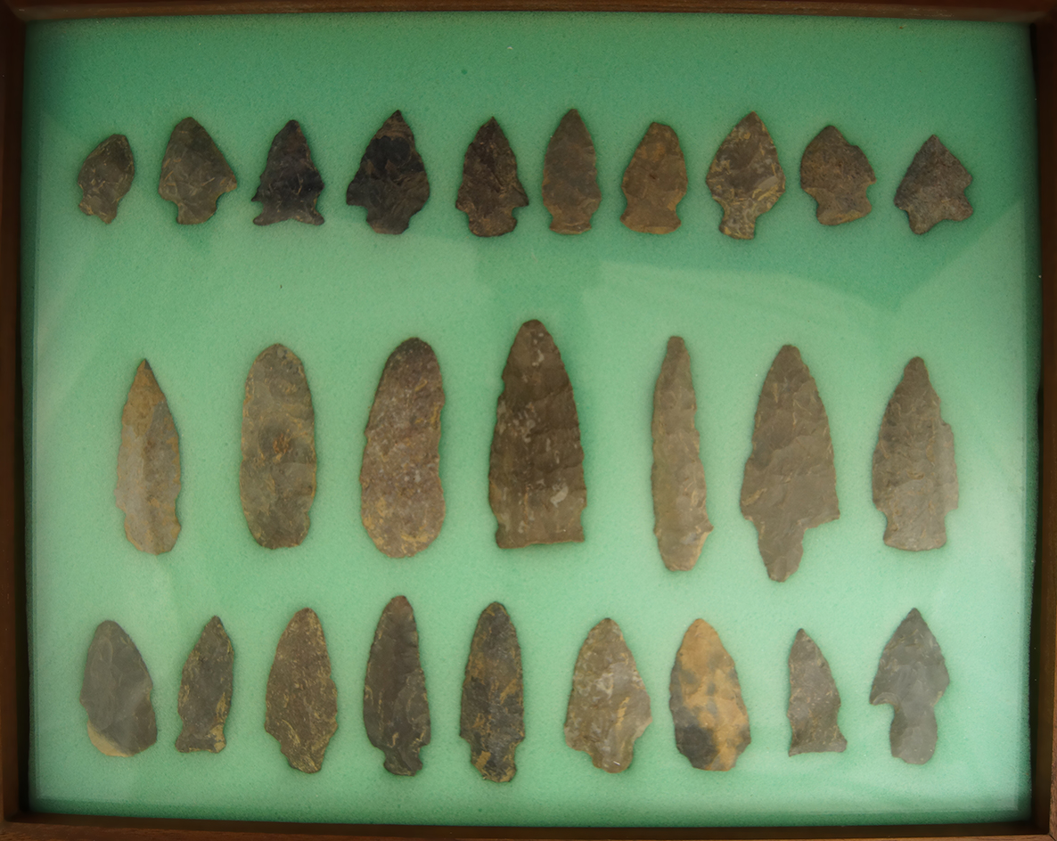 Framed group of 26 Arrowheads found near the Cumberland River in Kentucky - largest is 3 1/4".