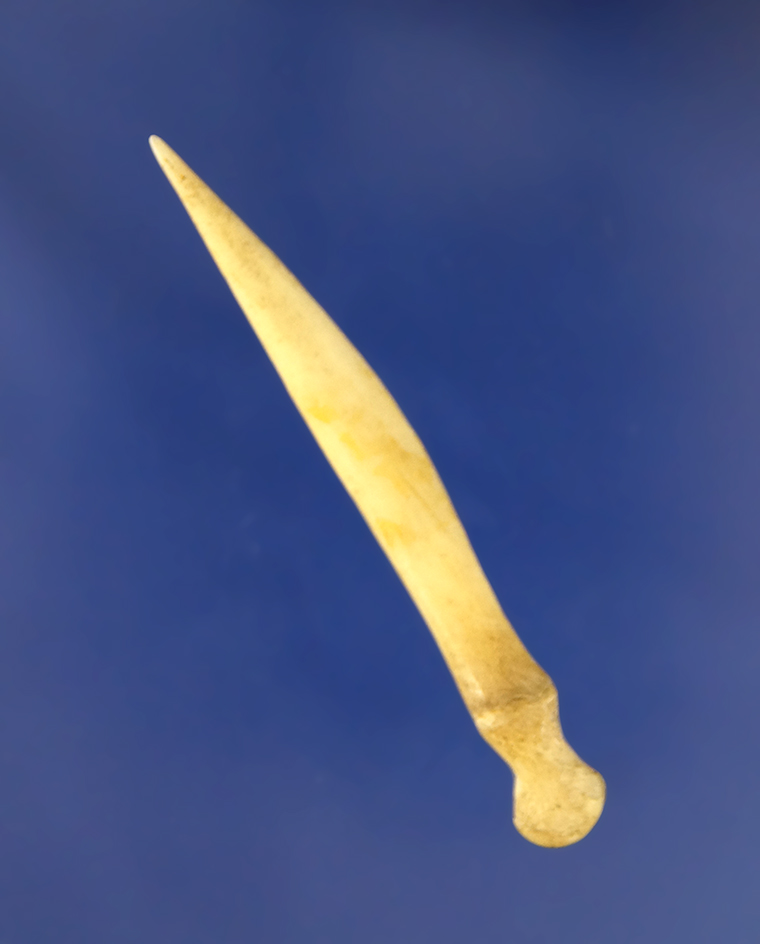 2 3/8" nicely styled bone awl with a suspension groove found in Tennessee.