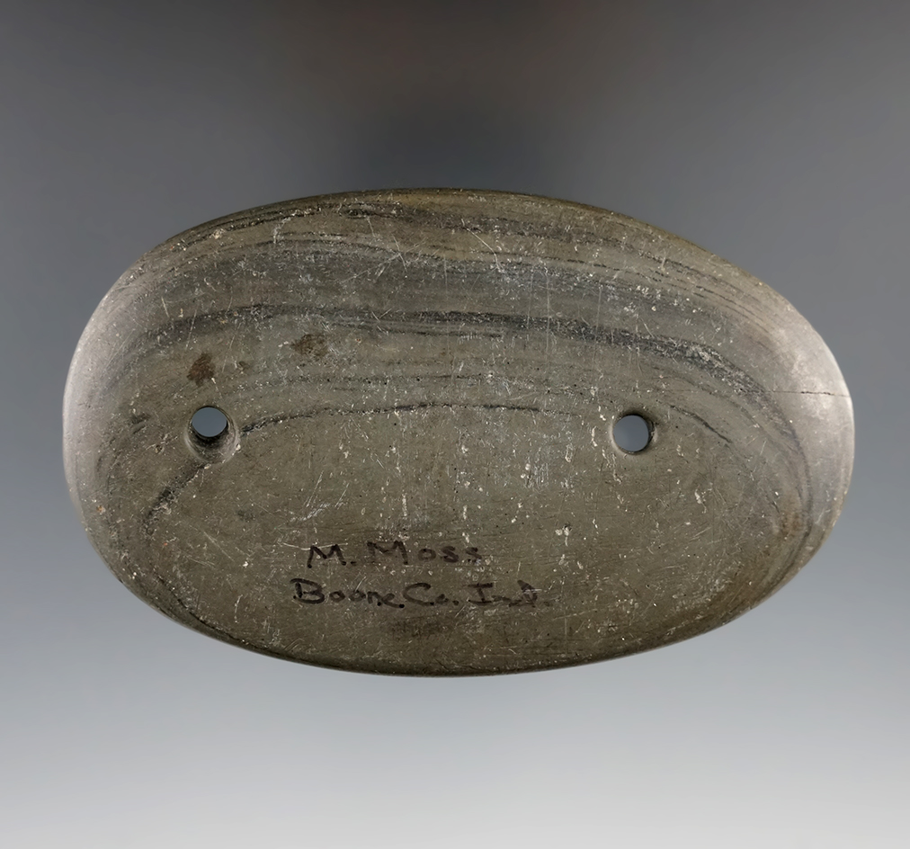 3 15/16" Glacial Kame Oval Gorget. Banded Slate. Boone Co., Indiana.  Ex. Mike Moss, Mike Kiel.