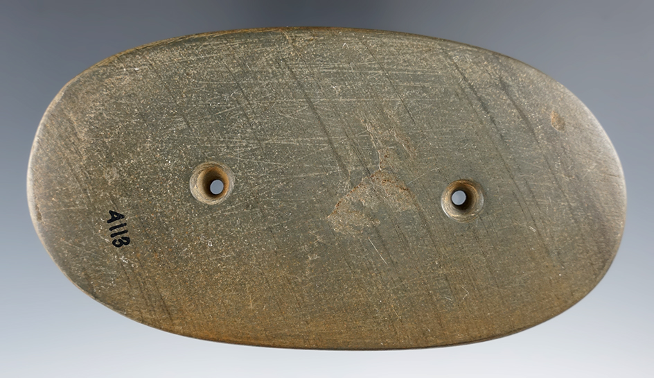 Large 4 15/16" Oval Gorget made from green banded Slate. Greenup Co., Kentucky. Ex. Bill Hiland.