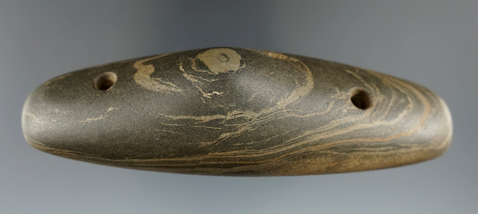 4 3/8" Two Hole Scooped Boatstone made of beautiful "faulted" Glacial Slate, Hancock Co., Ohio.