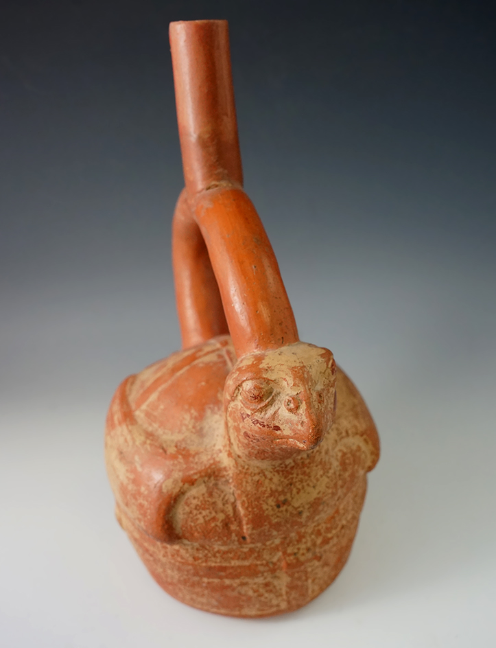 10 1/4" Tall Avian Effigy Moche Stirrup Bottle with some restoration to spout.