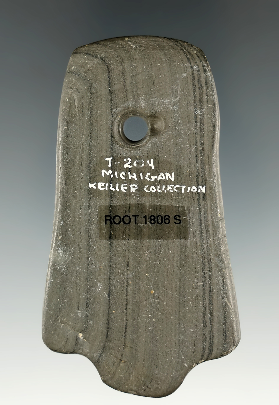 3 1/8" Banded Slate Hopewell Pentagonal Pendant found in Michigan.  Pictured.  Ex. Bill Tiell #204.
