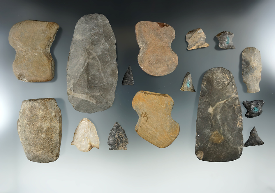 Group of 15 assorted artifacts including points, Celts, net weights. Pennsylvania.