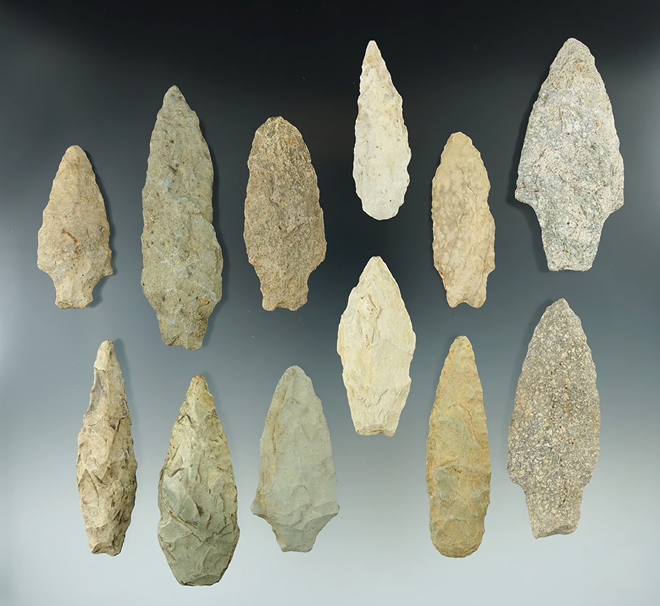 Nice group of 12 assorted points and Knives found in Granville Co., North Carolina. Largest is 3 3/4