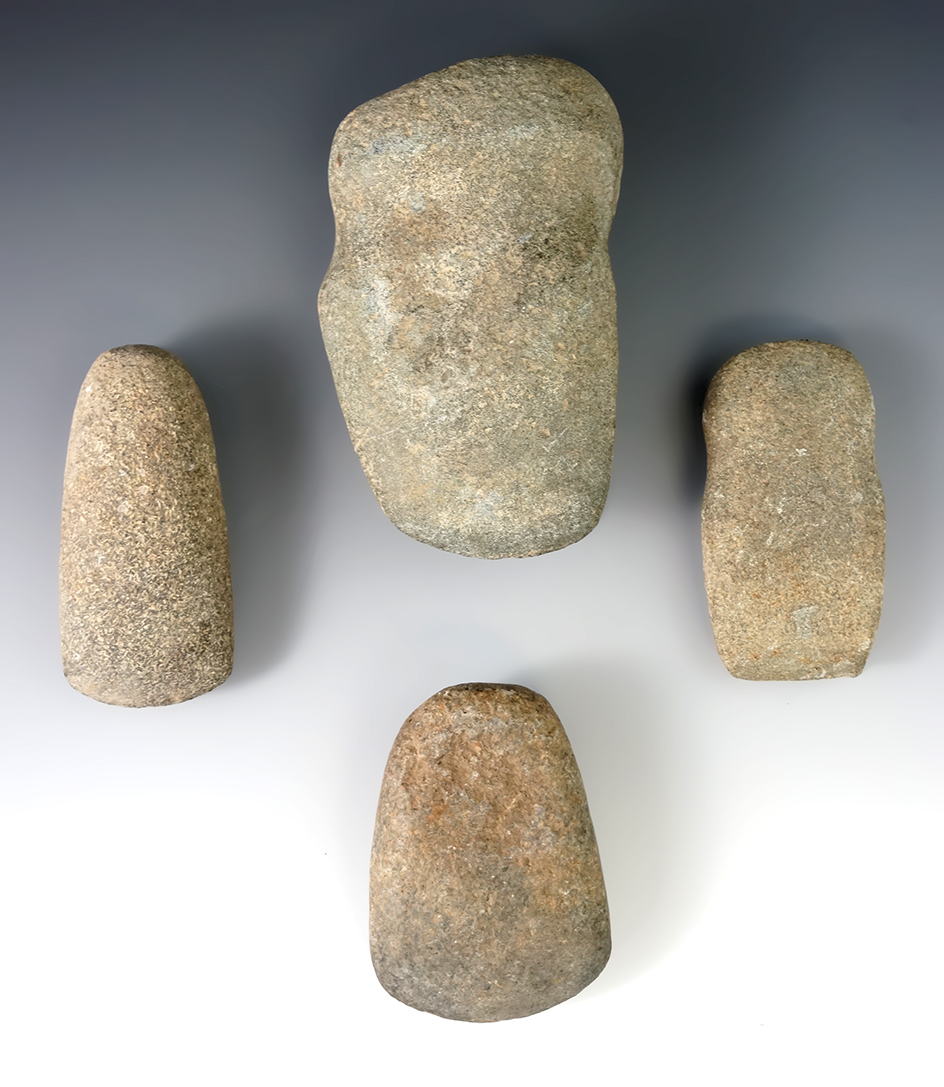 Set of four field found stone tools including a 5 1/2" Axe, two Celts and a rare style top grooved