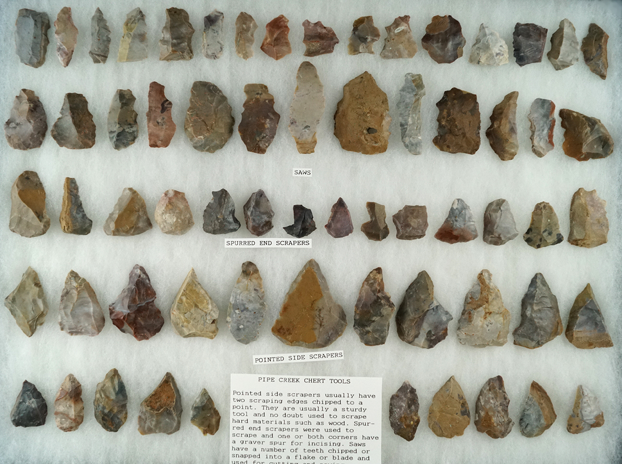 Group of approximately 64 tools made from Pipe Creek chert found in north central Ohio.