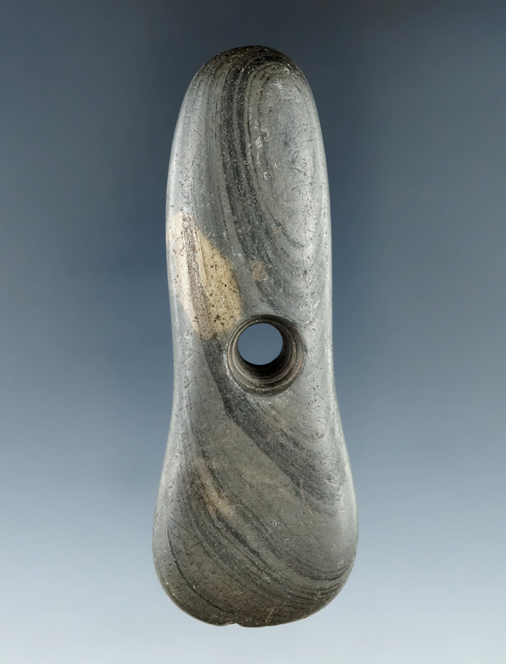 3 3/16" Adena Teardrop Pendant with "worm tracks", found in Warren Co., Ohio. Pictured.
