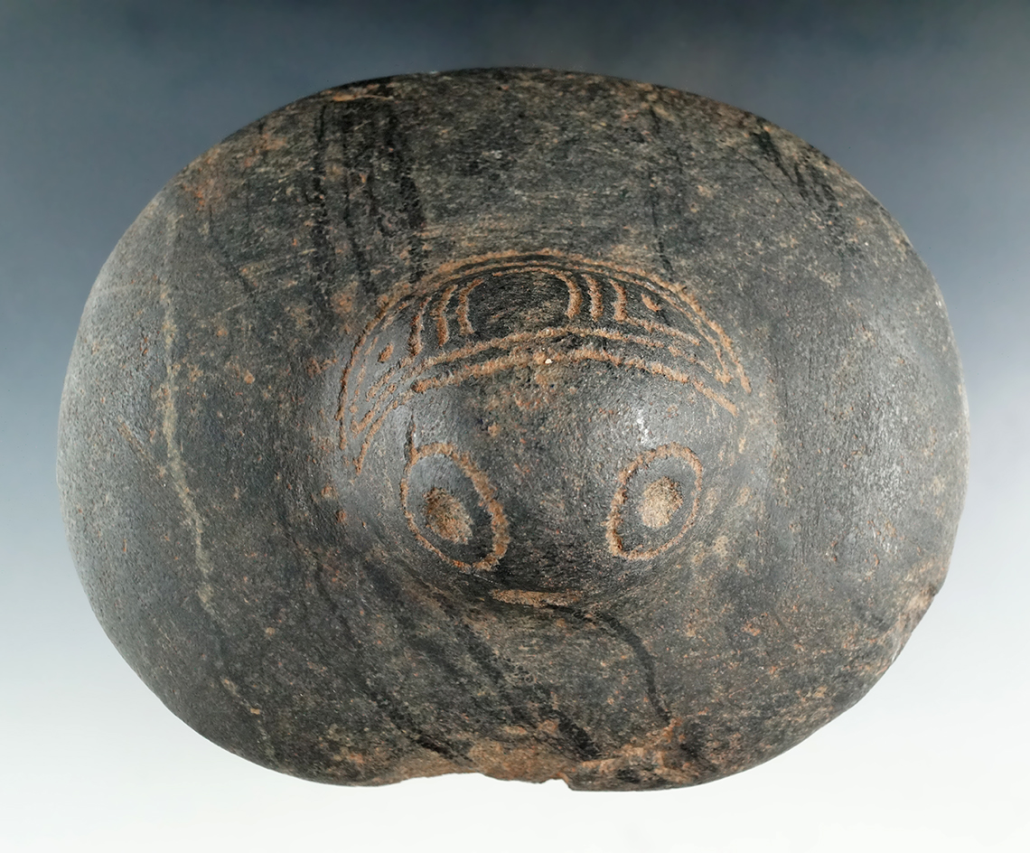 Unique and well patinated 5 3/4" Taino stamp with a frog head found in Hispaniola.