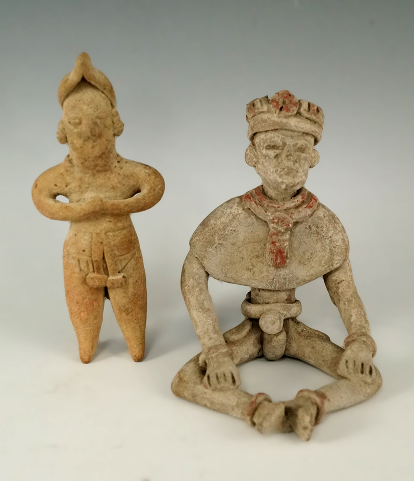 Pair of Colima figures recovered in Mexico in excellent condition. Both around 4 1/4" tall.