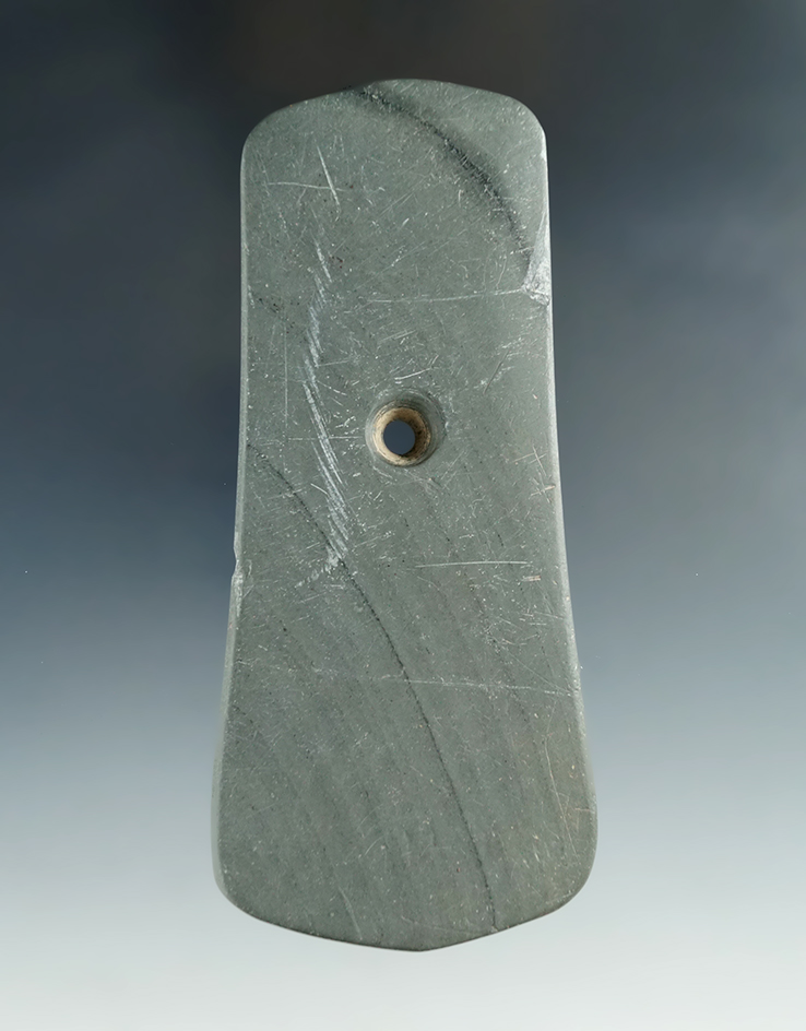 4 9/16" Green Banded Slate Pendant found in Ashland Co. Ohio.