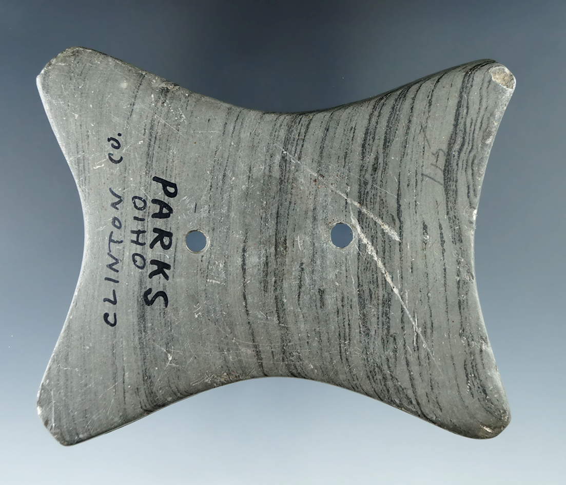 3 9/16" Adena Quadriconcave Gorget made from Banded Slate, found in Clinton Co., Ohio. Ex. Dr. Stan