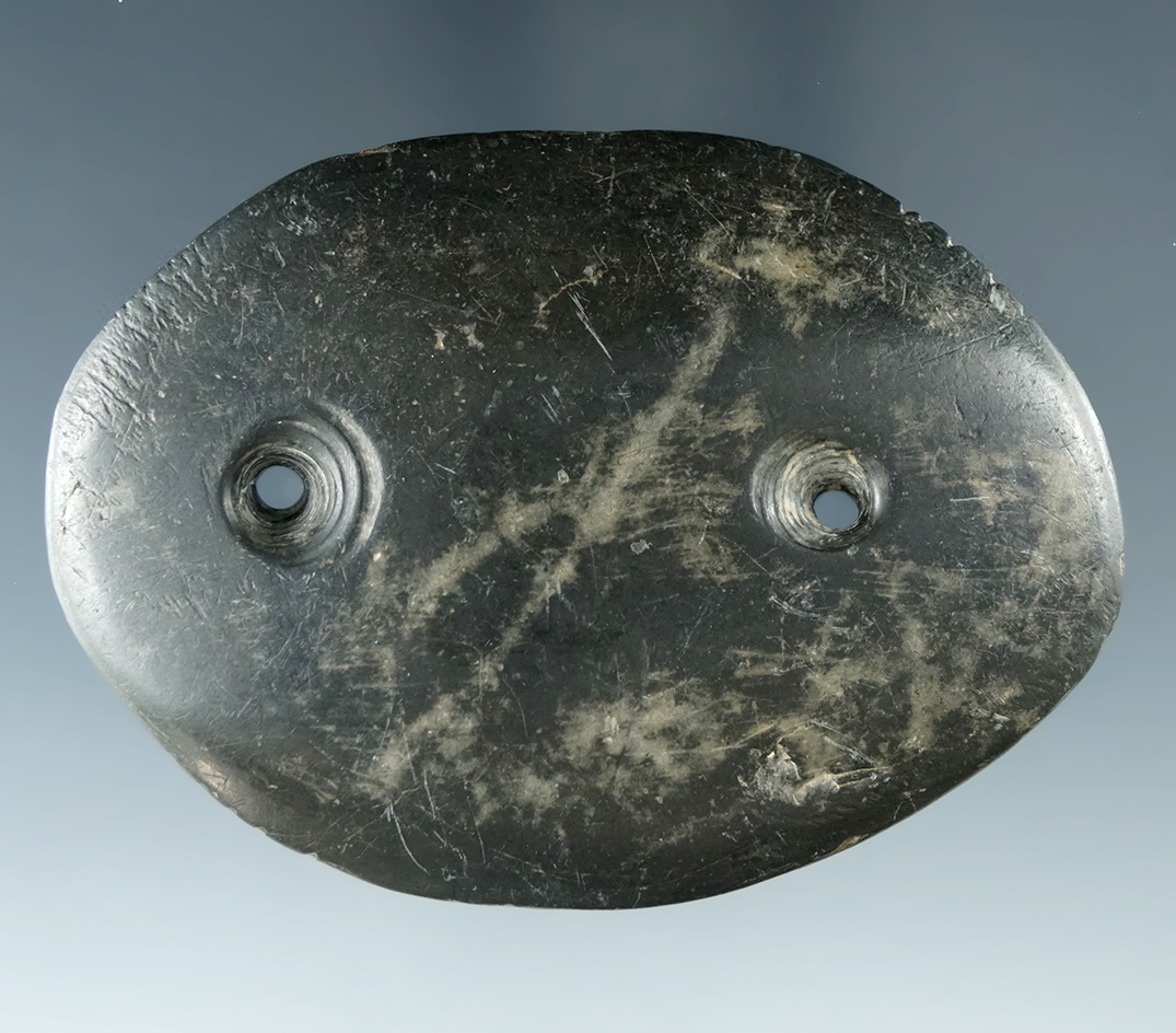 3 1/8" Glacial Kame Ovate Gorget with tallies,  Byhalia, Union Co., Ohio. Ex. Jan Sorgenfrei.