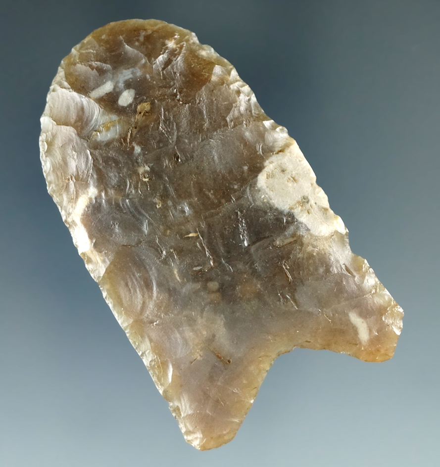 Rare! 2 1/4" Unfluted Paleo Clovis Hafted Scraper - highly translucent Chalcedony found in Illinois.