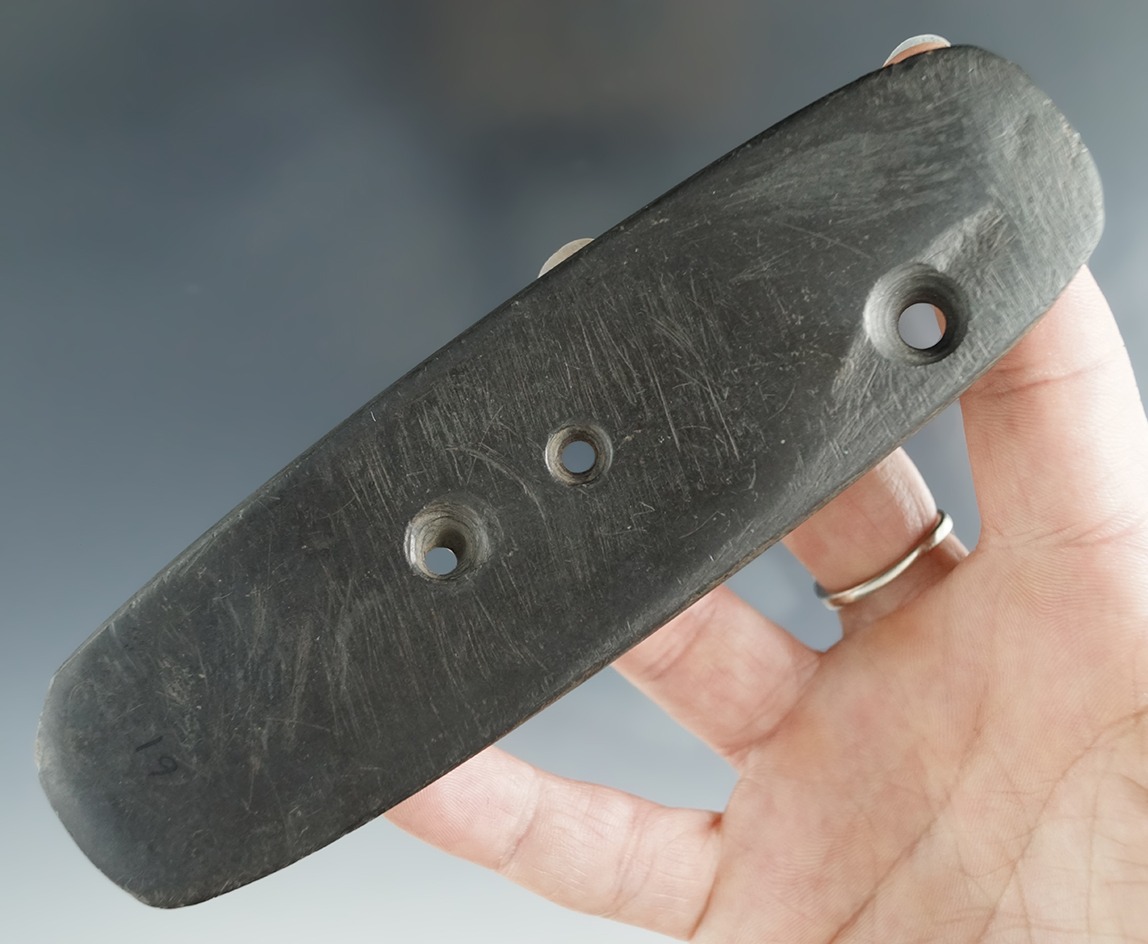 Very unique! 5 1/2" Black Slate Three-hole Gorget found in the Kentucky/Tennessee area.