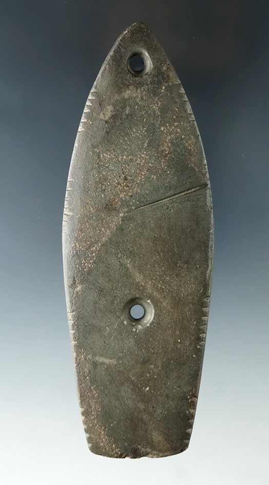 5 5/16" Glacial Kame Sandal Sole Gorget that is nicely tallied a- Maple Grove Twp., Barry Co., MI.