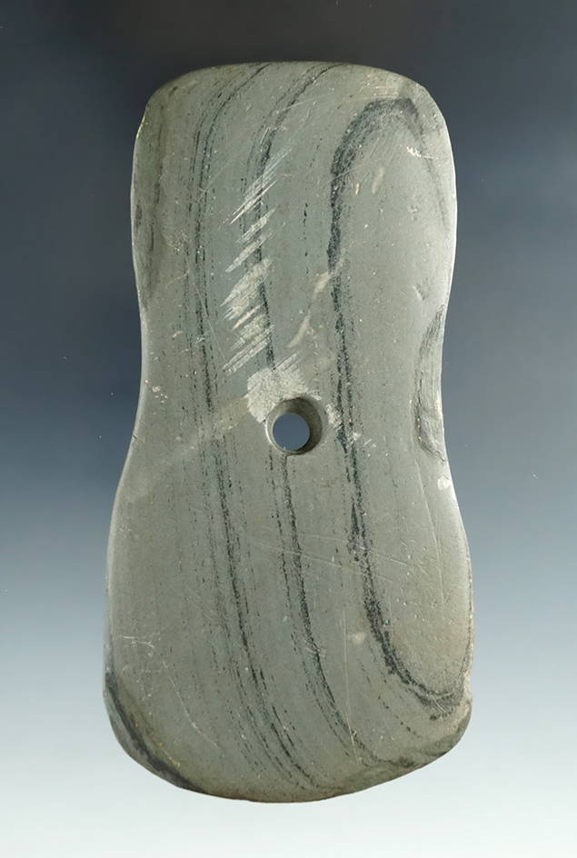 4 7/16" Banded Slate Pendant with some spots of old restoration to the edges -, Huron Co. Ohio.