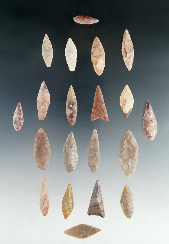 Set of 21 assorted colorful African Neolithic leaf shaped arrowheads found in the northern Sahara.