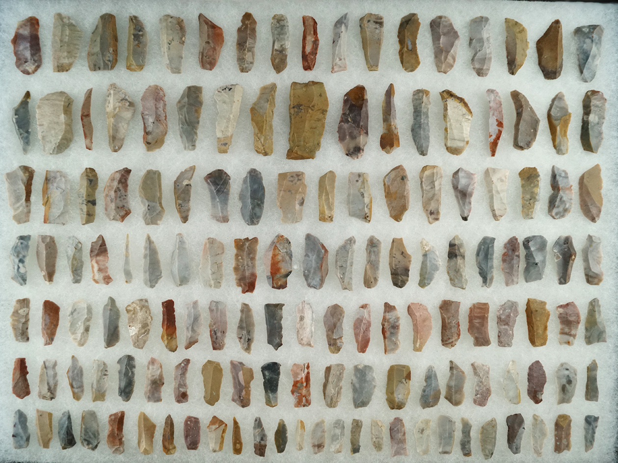 Large group of Hopewell Bladelets made from Flint Ridge and Pipe Creek Flint.  Ohio.