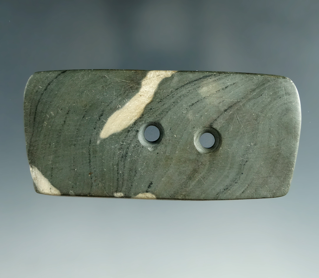 3 7/16" Rectangular Gorget with nice worm tracks, found in Wyandot Co., Ohio.