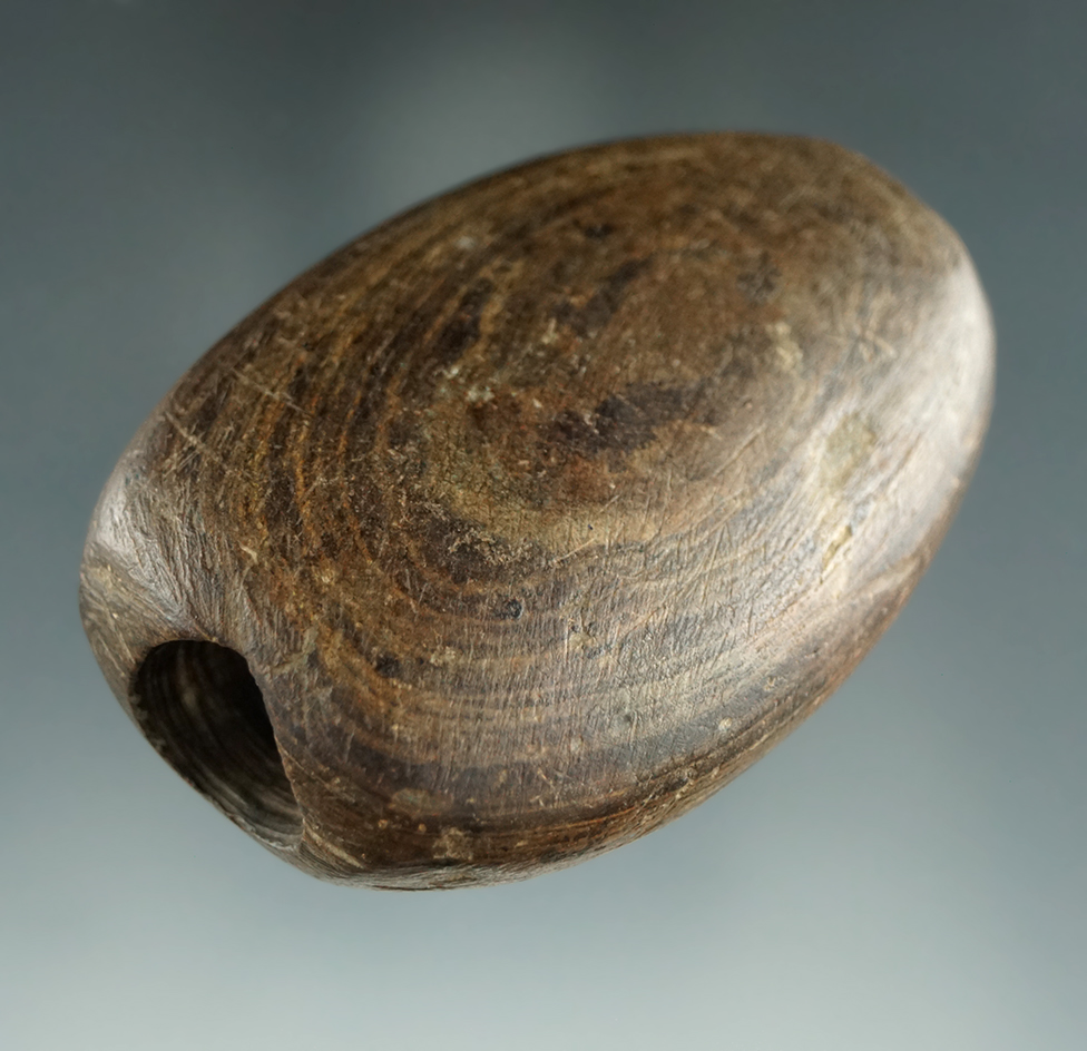 2 3/8" Brown Banded Slate Bannerstone found in Paulding Co., Ohio.