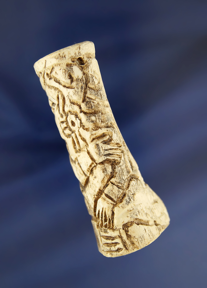 2 7/8" engraved pre-Columbian bone handle that is very well carved. Pictured