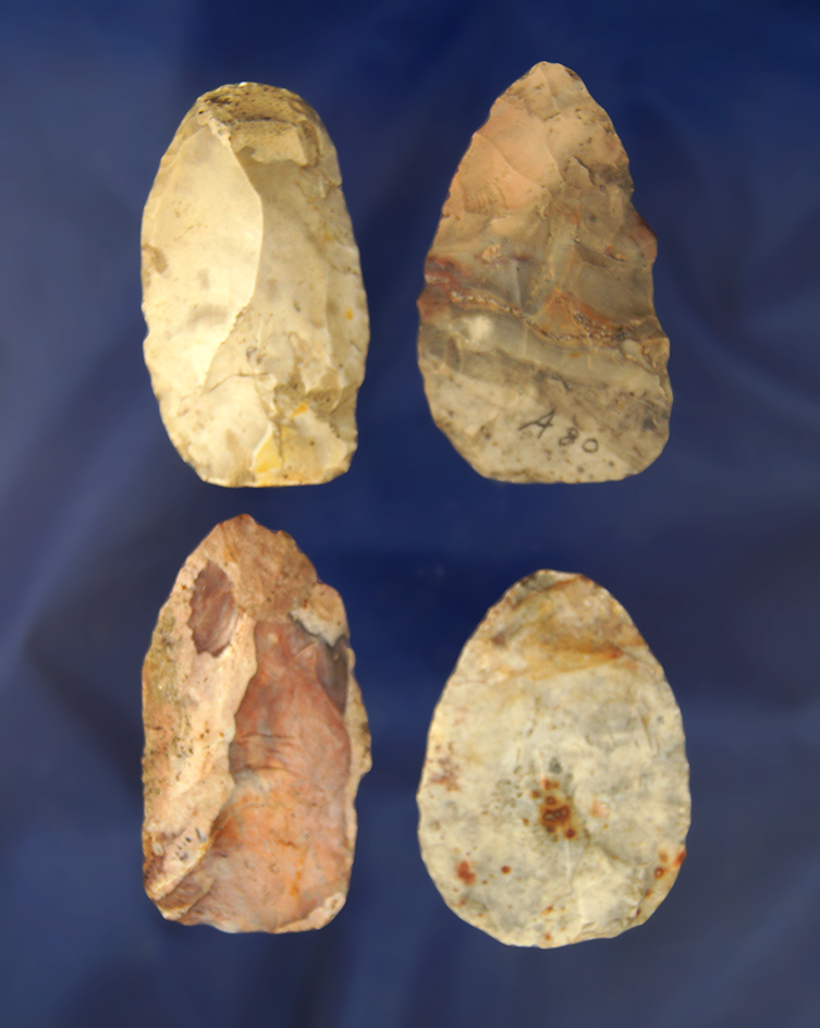 Set of 4 colorful scrapers found in western Ohio. Ex. Ron Thiebeau Collection. Largest is 2 7/16".