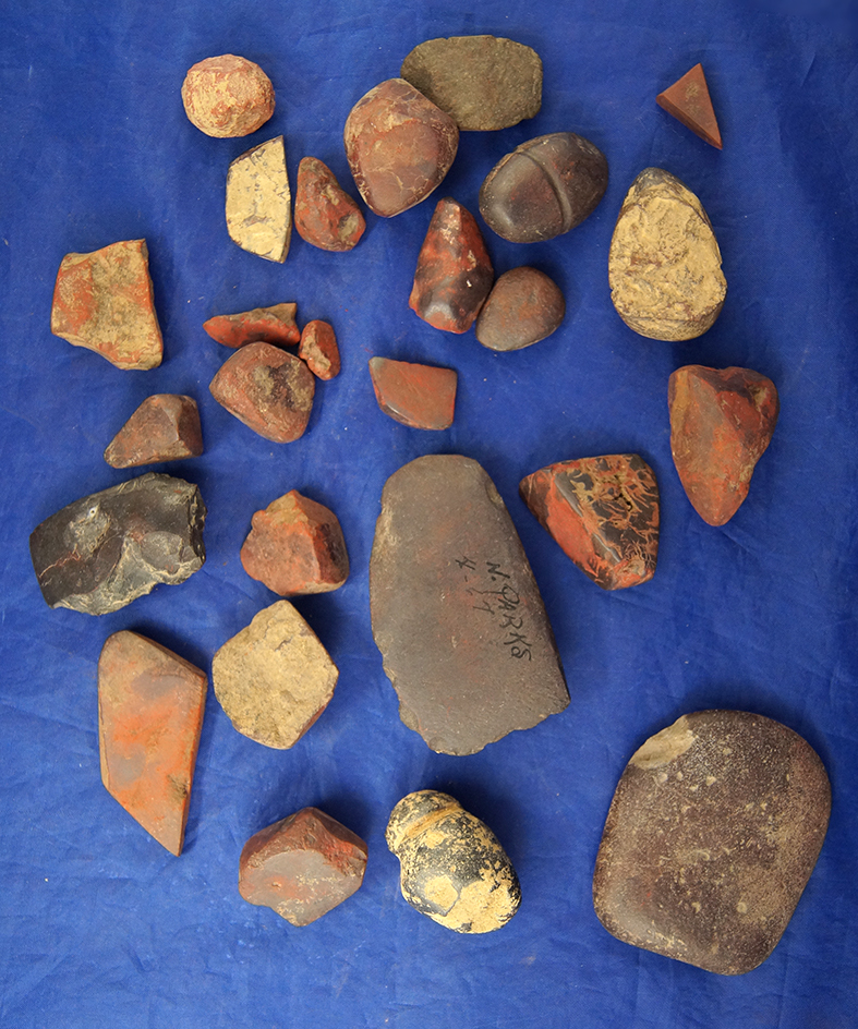 Pieces of natural hematite and broken hematite artifacts for study, found in Greenup Co., Kentucky.