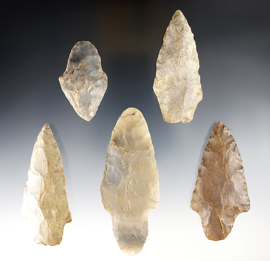 Set of 5 Adena points found in the Indiana area. The largest is 3 1/2".