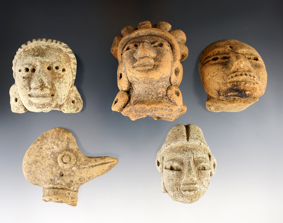 Set of 5 nice Pottery Heads. Mesoamerica. The largest is 2 7/8".