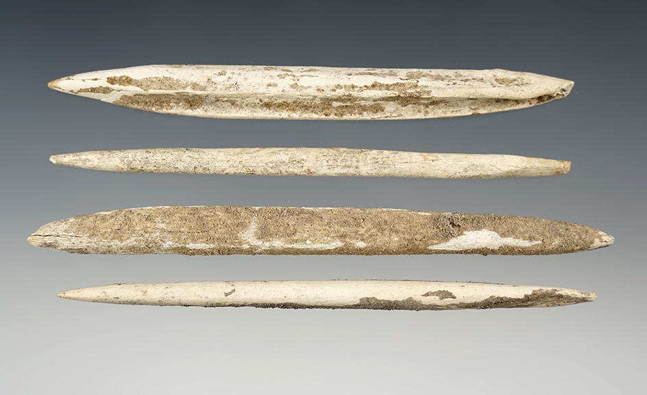 Set of 4 heavily patinated Bone Projectile points found in Florida. The largest is 5 1/8".