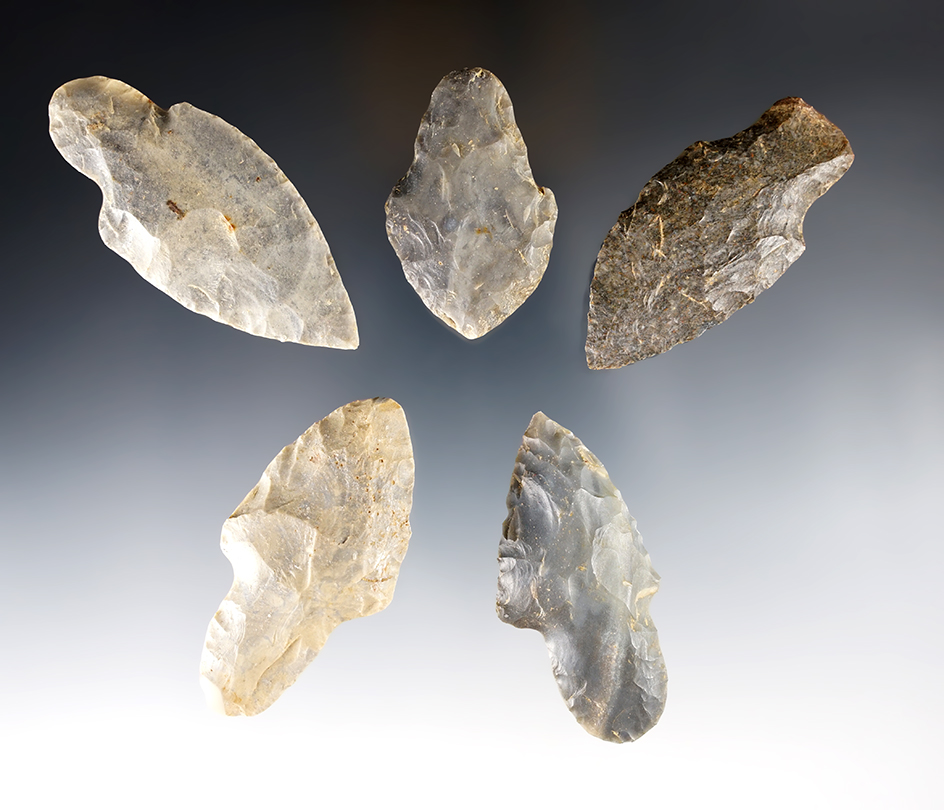 Set of 5 well patinated Indiana Adena points. The largest is 2 3/4".